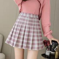 格子百褶裙女春夏新款高腰百搭A字裙超仙显瘦半身裙防走光短裙子 粉红色 格子一 M [95-108斤]