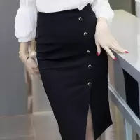 半身裙包臀中长款夏季新款女黑色职业高腰大码修身排扣开叉半身裙 黑色 S(建议86-96斤)