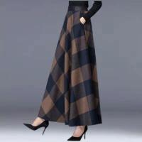 毛呢半身裙女2021秋冬新款格子中长裙韩版高腰裙复古a字裙大摆裙 猫生夏正品带内衬-咖啡色-后松紧腰 M码[建议80-1