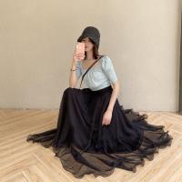 半身裙女春夏2021新款温柔金丝雪纺大摆裙网纱长裙高腰a字裙纱裙 黑色 S 裙长80CM