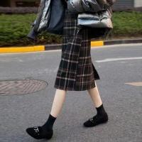 2021春秋新款韩版包臀裙中长款格子半身裙女复古开叉一步裙a字裙 65CM长度黑格 1028 S 70-90斤