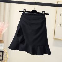 洋气显瘦高腰不规则鱼尾蛋糕半身裙女2021早秋新款小个黑色短裙子 黑色 S 85-95