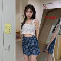 设计感小众防走光格子牛仔短裙女 夏秋复古a字高腰包臀牛仔半身裙 蓝色 高质量收藏关注店铺送小礼物 S(建议80-95斤)