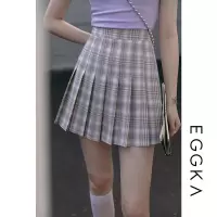 EGGKA格子半身裙2021夏季新款气质高腰a字紫色百褶裙学院风短裙 紫色 S