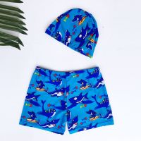 儿童游泳裤男童平角速干卡通带帽宝宝泳衣男孩分体泳装中大童泳衣 鲨鱼:泳裤+泳帽 M建议体重15-30斤