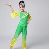 新款秧歌服装女士套装成人性感扇子舞茉莉花中老年广场舞蹈演出服 绿色雪纺儿童-120