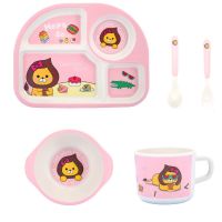 粉猪 竹纤维儿童餐具小猪套装卡通分格餐盘吃饭碗防摔叉勺筷子佩琪