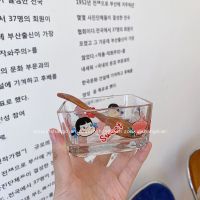 粉红零食方碗 ins风可爱卡通草莓妹玻璃碗少女心方碗学生寝室圆形沙拉碗水果碗