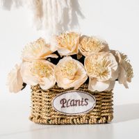 白色复古荷双耳草编 塑料花假花盆栽客厅桌面摆设干花花束室内办公室装饰品娟花篮摆件