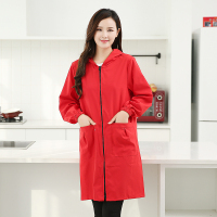 红色 加长款 XL 大褂子女中长款加长围裙罩衣大人家用厨房做饭时尚长袖外套防水女