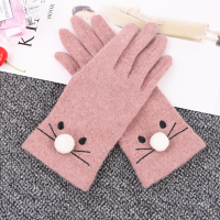 羊毛手套猫咪(毛球鼻)单层--粉色 均码 触摸屏单层羊毛女士手套秋冬季韩版可爱猫咪刺绣五指冬天保暖手套