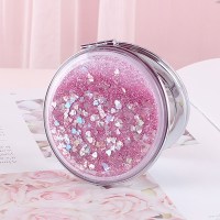 圆款粉色 少女心学生流沙双面放大镜子可爱手持小号便携随身翻盖折叠化妆镜