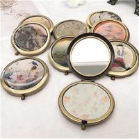 青铜红白牡丹 古风国画复古金属小m镜子女随身化妆镜圆形便携带S双面折叠定制礼