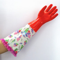 666-52cm几何花边一体绒红1双装 L 冬季一体绒加长胶皮手套防水橡胶加绒加厚洗衣服保暖厨房耐用清洁