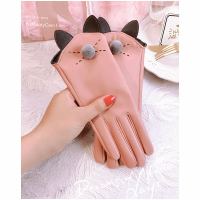 粉色-PU猫咪 均码 手套女秋冬保暖加绒厚学生开车骑电动车用春薄防风雨PU皮可爱韩版