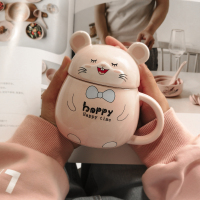 粉色[无勺] 少女心老鼠水杯家用简约超可爱情侣咖啡杯子创意陶瓷马克杯带盖勺
