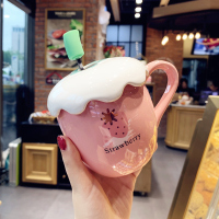 白底草莓 韩版创意个性陶瓷杯卡通草莓大肚水杯带盖勺软妹可爱女学生马克杯