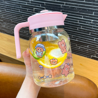 粉色1000ml +贴纸+杯刷 玻璃水壶泡茶杯凉白开家用大容量柠檬果汁杯子带手柄耐热防爆日式