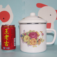 12CM 怀旧花卉 加厚老款 1L 老式12cm大号复古搪瓷杯带盖子怀旧铁缸花朵水杯马克杯加热奶茶杯