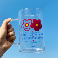 小红花大杯 不含盖 超大容量1000ml玻璃杯带盖带把吸管ins家用茶杯水杯可爱杯子学生