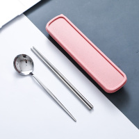 本色2件套+粉盒 学生筷子勺子便携三件套装304不锈钢筷子叉子餐勺餐具盒上班族