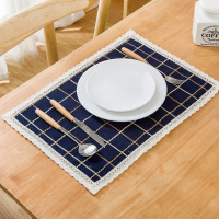 藏蓝色 双层餐垫(30*45cm) 美式藏蓝色格子餐桌垫 西餐垫布 蕾丝花边餐垫隔热双层餐具垫布艺