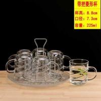 6只带把菱形杯+杯架托盘 欧式玻璃杯杯杯子6套装装只水具喝水简约创意杯套具家用客厅。