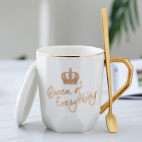 几何钻石皇冠杯-白色 情侣杯子创意简约个性北欧家用潮流陶瓷咖啡马克杯带盖勺ins女男