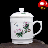 春暖花开960ML 陶瓷杯大容量1000ML超大号带盖茶杯霸王杯骨质瓷水杯马克杯办公杯