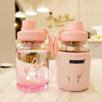 450ml火烈鸟(吸管+杯套+杯刷) 杯子吸管女学生可爱玻璃便携版ins心杯少女花茶粉色水随手韩创意