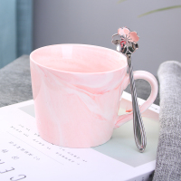粉杯--无图(银色花勺) 北欧创意大理石纹陶瓷杯子家用带盖勺马克杯ins办公情侣咖啡水杯