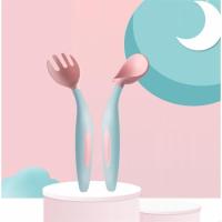 新升级叉勺套装-粉 儿童餐具套装宝宝学吃饭训练勺子叉子学习筷子一岁婴儿弯头辅食。