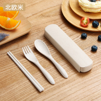 米色 小麦桔梗筷子勺子叉子家用叉筷勺套装成人学生便携餐具盒三件套m