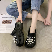 黑色 33 洞洞鞋女夏厚底增高外穿包头拖鞋珍珠水钻休闲沙滩鞋松糕防滑凉拖