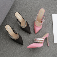 粉红 35 2021年时尚外贸欧美风 气质绸缎性感三横带水钻尖头高跟拖鞋