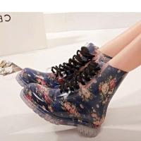 蓝花雨鞋 36 透明雨鞋韩国水晶果冻鞋平底马丁雨靴时尚防水防滑女鞋糖果色水鞋