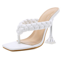 白色 跟高11.5cm 35 Lazada Women Sandals 夏季时尚透明水晶跟细跟夹趾凉鞋女拖鞋