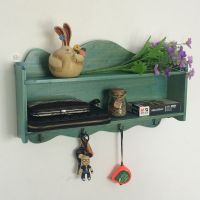 蓝色 Zakka壁架带挂钩板木搁板壁挂 墙上衣帽架 创意挂衣装饰架置物架