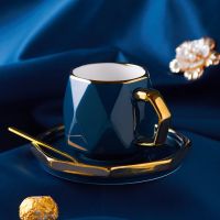 蓝色 欧式轻奢陶瓷家用精致咖啡杯创意个性潮流马克杯金边下午茶水杯