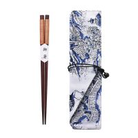 帆布袋+筷子1双[棕线] [日式筷子盒]红檀便携袋木筷学生筷收纳上班族旅行户外餐具套装