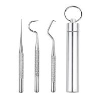 304不锈钢三件+银色牙签筒 304不锈钢牙签牙缝钩针套装迷你口腔牙齿护理便携式牙钩剔牙工具