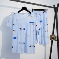 棉绸套装01 蓝底大鱼 XL 《建议110-130斤》 睡衣女夏季棉绵绸家居服两件套短袖短裤加肥加大码胖MM200斤可穿