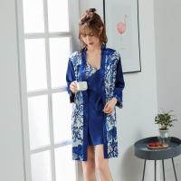 青花色两件套 M 春秋真丝睡衣女长袖冰丝绸夏季结婚红色性感吊带睡裙睡袍两件套装