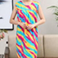 [袖]斜条花 L 65斤左右 睡裙女夏妈妈装大码棉绸睡衣短袖连衣裙休闲宽松家居服中老年女装