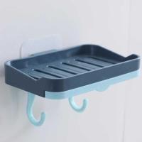 单层皂盒-蓝色1个 免打孔单双层肥皂盒壁挂沥水架卫浴带挂钩置物架横竖两用香皂盒