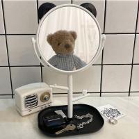 黑白耳朵化妆镜 橙子の简约风ins黑色耳朵台式收纳化妆镜少女旋转高清梳妆补妆镜