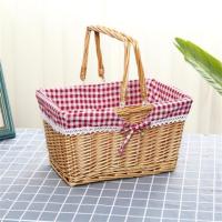藤编野餐篮折叠采摘篮水果篮手提购物篮篮儿童手提篮田园野炊篮|方形原色红格布 中号