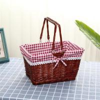 藤编野餐篮折叠采摘篮水果篮手提购物篮篮儿童手提篮田园野炊篮|方形棕色红格布 小号