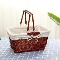 藤编野餐篮折叠采摘篮水果篮手提购物篮篮儿童手提篮田园野炊篮|方形棕色雏菊布 大号