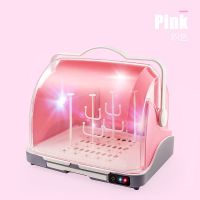 婴儿奶瓶收纳箱便携式大号宝宝餐具紫外线沥水防尘晾干奶粉盒|粉色（消毒款不带烘干）含6个支架